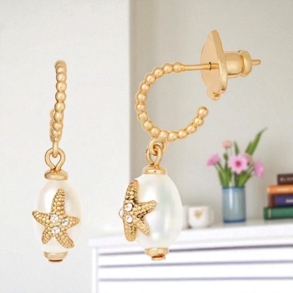 🥳HOST PICK🥳 Kate Spade Sea Star Starfish Pearl Huggies Earrings NIB